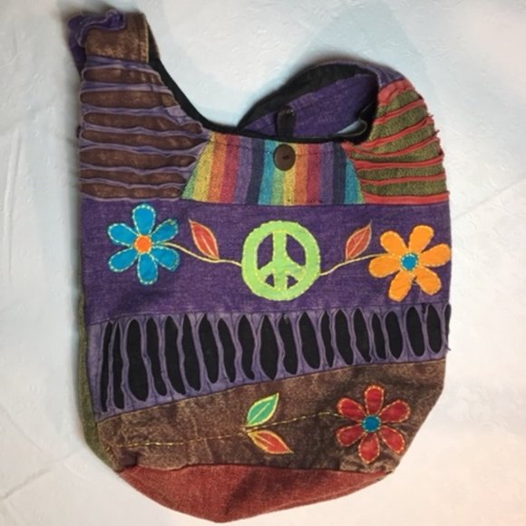 Lg PEACE Floral Multi-Colored HOBO Cotton Hippie Shoulder Bag From Nepal - Picture 2 of 6